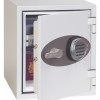 Phoenix titan 1282 electronic lock on a small white safe with the door ajar showing contents inside