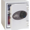 phoenix titan 1282 fingerprint lock on a white safe with the door ajar showing contents inside