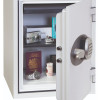 phoenix titan 1283 electronic lock on an open door showing contents inside a safe including a passport and watch
