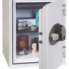 phoenix titan 1283 fingerprint lock on safe door opening to show contents including passport watch and camera
