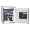 phoenix titan 1283 fingerprint lock fully open showing shelves with DVD, camera, keys, watch, passport, and cash inside