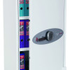 Phoenix fire ranger 1511 s1 electronic lock on a white safe with the front door slightly open and folders inside