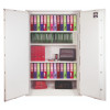 phoenix fire commander pro 1923 key lock cabinet fully open showing multiple shelves with files and boxes inside