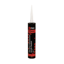 FAS fire door intumescent acrylic sealant 310ml tube shown from the front with red and black label and white nozzle