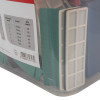 Close up of plastic fire door packer strips in different colours inside a clear container