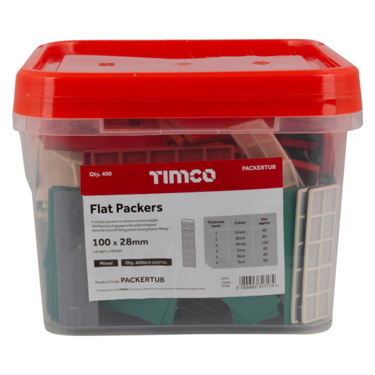front view of plastic fire door packer strips in a clear plastic tub with a red lid showing various colours and sizes