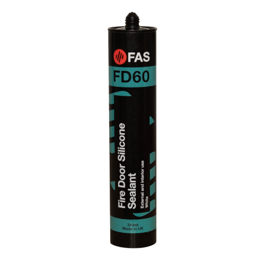 fas white fire door silicone sealant 310ml tube shown from the front with black and teal packaging