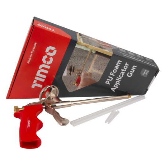 PU foam applicator gun with red handle shown alongside packaging box and two plastic nozzle attachments