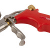 Red trigger handle of a pu foam applicator gun showing the grip and metal trigger mechanism