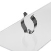 Close-up of a chrome metal clip mounted on a clear acrylic panel