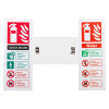 Two fire‑extinguisher id signs mounted on a clear bracket. The left sign is for a Carbon Dioxide extinguisher. The right sign is for a Water extinguisher. Both signs feature red headers with extinguisher icons.