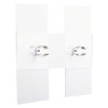A white rectangular panel divided into four sections with two silver metal clips fixed at the centre. The clips are designed to hold cylindrical items and appear to be part of a mounting or storage system.”