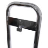 Part of the top bracket of an ultrafire single chrome fire extinguisher stand showing a centred hook and two screws