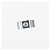 Front view of a chrome metal clip mounted at the center of a clear acrylic panel