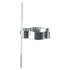 Side view of a chrome metal clip mounted on a clear acrylic panel