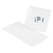 Clear acrylic panel with a single chrome metal clip shown alongside a sheet of square adhesive pads