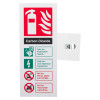Carbon Dioxide fire‑extinguisher id sign with a red header and extinguisher icon. Green sections show safe uses for flammable liquids and live electrical equipment, and red sections show unsafe uses for wood, paper, textiles, and flammable metal fires.