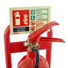 a close of a single metal red single fire extinguisher stand with a CO2 fire extinguisher and ID sign
