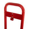 a close up of a j-bracket on a single metal red fire extinguisher stand