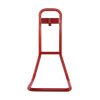 a complete front shot of a red metal single fire extinguisher stand made from tubular steel with a j-bracket