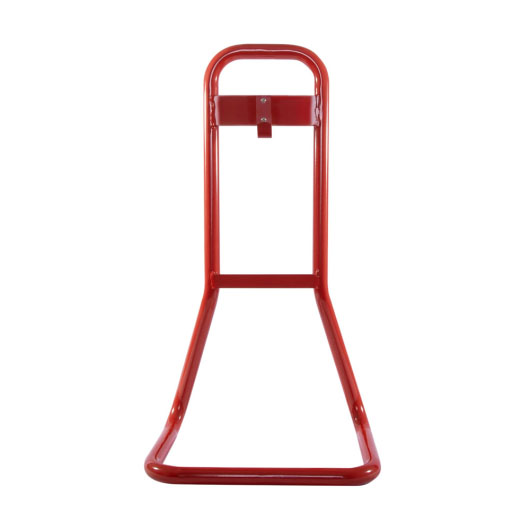 a complete front shot of a red metal single fire extinguisher stand made from tubular steel with a j-bracket