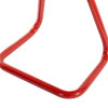a close up of the base of the metal red single fire extinguisher showing a sturdy tubular construction