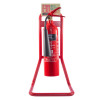 single red metal extinguisher stand shown from the front with a red fire extinguisher attached