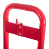 Close-up of the handle on a single red metal extinguisher stand showing red metal frame and fittings