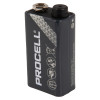 Duracell Procell 9v alkaline battery shown at an angled view with branding and safety icons visible