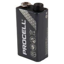 Duracell Procell 9v alkaline battery shown at an angled view with branding and safety icons visible