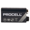 Front view of a duracell procell 9v alkaline battery showing the branding and safety symbols