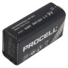 Side view of a duracell procell 9v alkaline battery showing branding and safety symbols