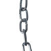 Close-up of a silver metal chain with interlocking oval links hanging vertically against a white background.