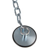 Silver metal chain attached to a round metal keeper disc with a central ring and black rubber edge, shown against a white background.