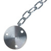 Silver metal chain connected to a circular metal mounting plate with three evenly spaced holes, displayed on a white background.