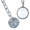Close-up of a metal keeper chain showing both ends, including a circular mounting plate with three holes and a round retaining disc with a black rubber edge, against a white background.