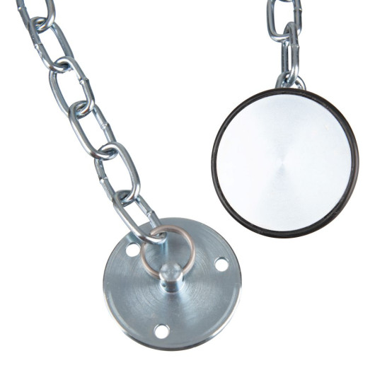 Close-up of a metal keeper chain showing both ends, including a circular mounting plate with three holes and a round retaining disc with a black rubber edge, against a white background.