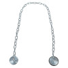 Full-length metal keeper chain with a circular three-hole mounting plate on one end and a round retaining disc with black rubber edge on the other, displayed against a white background.