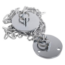Front view of keeper plate 1 metre chain showing two round metal plates connected by a silver metal chain