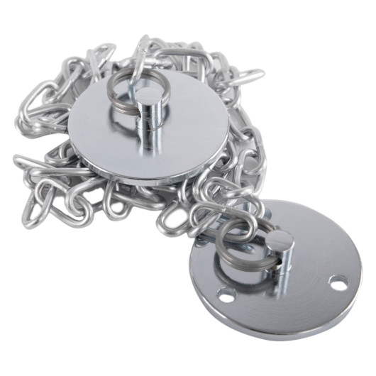 Front view of keeper plate 1 metre chain showing two round metal plates connected by a silver metal chain
