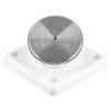 Image of a White Adjustable Keep Plate Angled showing a white square base with a round, metallic angled plate on top