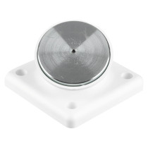 Image of a White Adjustable Keep Plate Angled showing a white square base with a round, metallic angled plate on top