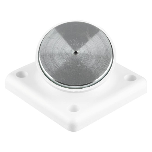 Image of a White Adjustable Keep Plate Angled showing a white square base with a round, metallic angled plate on top