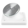 White Adjustable Keep Plate Front showing a metal circular plate attached to a white square base with four holes