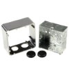 chrome surface mount kit showing metal box, chrome cover, and two black plastic caps on a white background