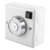 230v 200n conquest steel surface mounted door retainer shown from an angled view with a round metal centre and switch on a white case