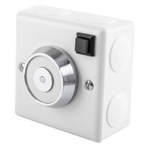 230v 200n conquest steel surface mounted door retainer shown from an angled view with a round metal centre and switch on a white case