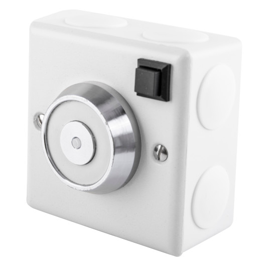 230v 200n conquest steel surface mounted door retainer shown from an angled view with a round metal centre and switch on a white case