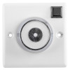 Front view of 230v 200n conquest steel flush mounted door retainer showing white square base with central circular metal part and small black square detail