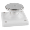 24v 200n standard floor mounted door retainer showing an angled silver magnet on a white base with four mounting holes